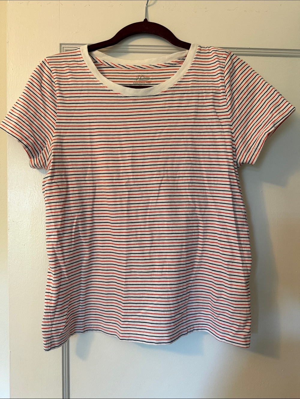 J. Crew White Tee with Red and Navy Micro Stripes